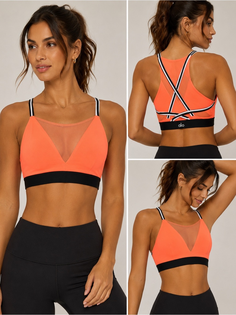 Alo Yoga Neon Orange Mesh Sports Bra Strappy Back Size Small